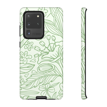 Sage Green Floral Line Art Tough Samsung Galaxy Case – Minimalist Botanical Design with Dual-Layer Protection