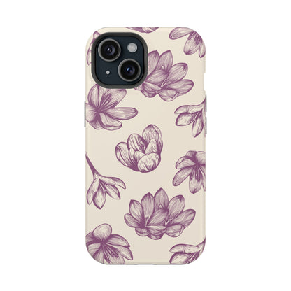 Vintage Botanical Floral Tough MagSafe iPhone Case – Hand-Drawn Purple Flowers, Shockproof Design