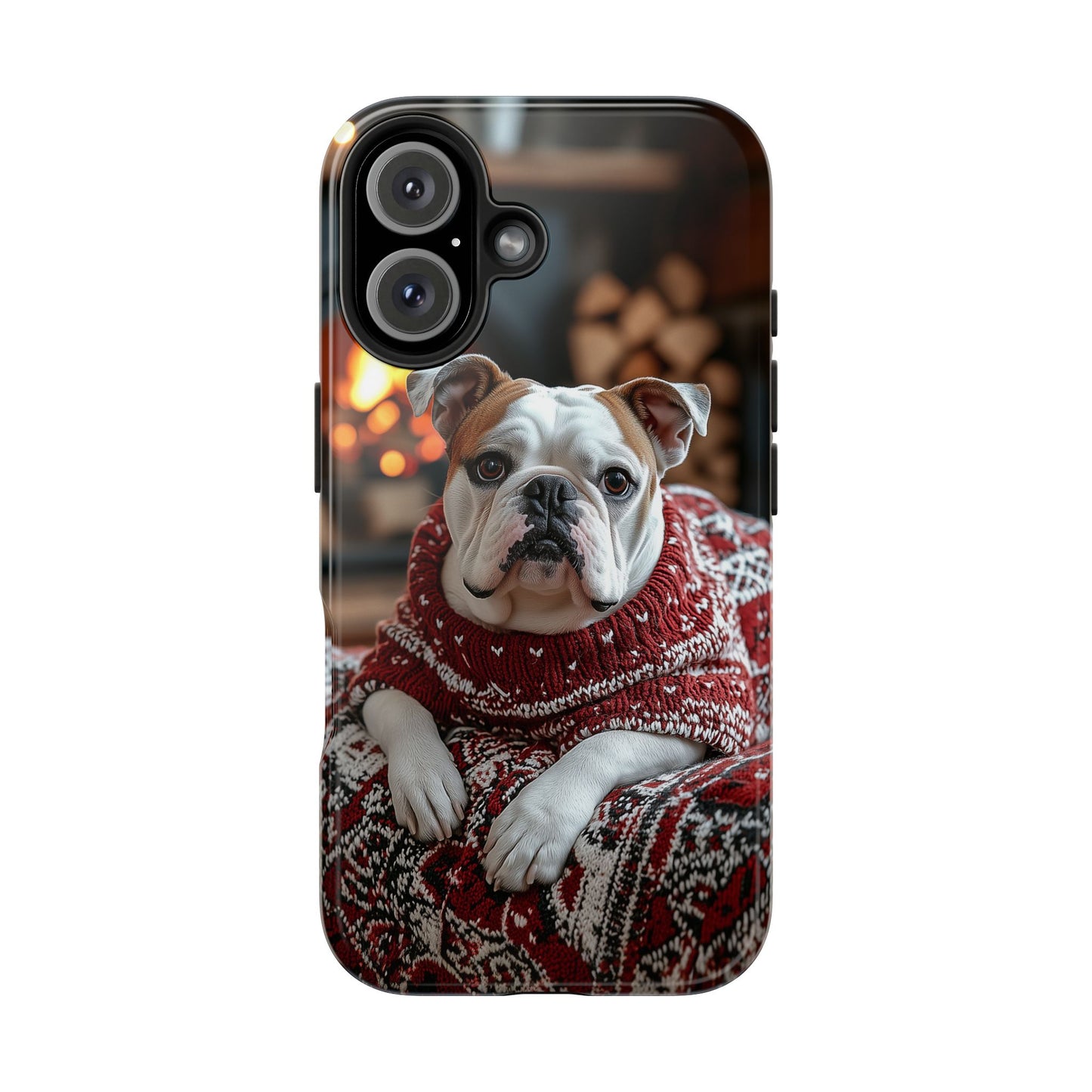 Cozy Bulldog in Sweater iPhone Case – Festive Fireplace Protective Cover