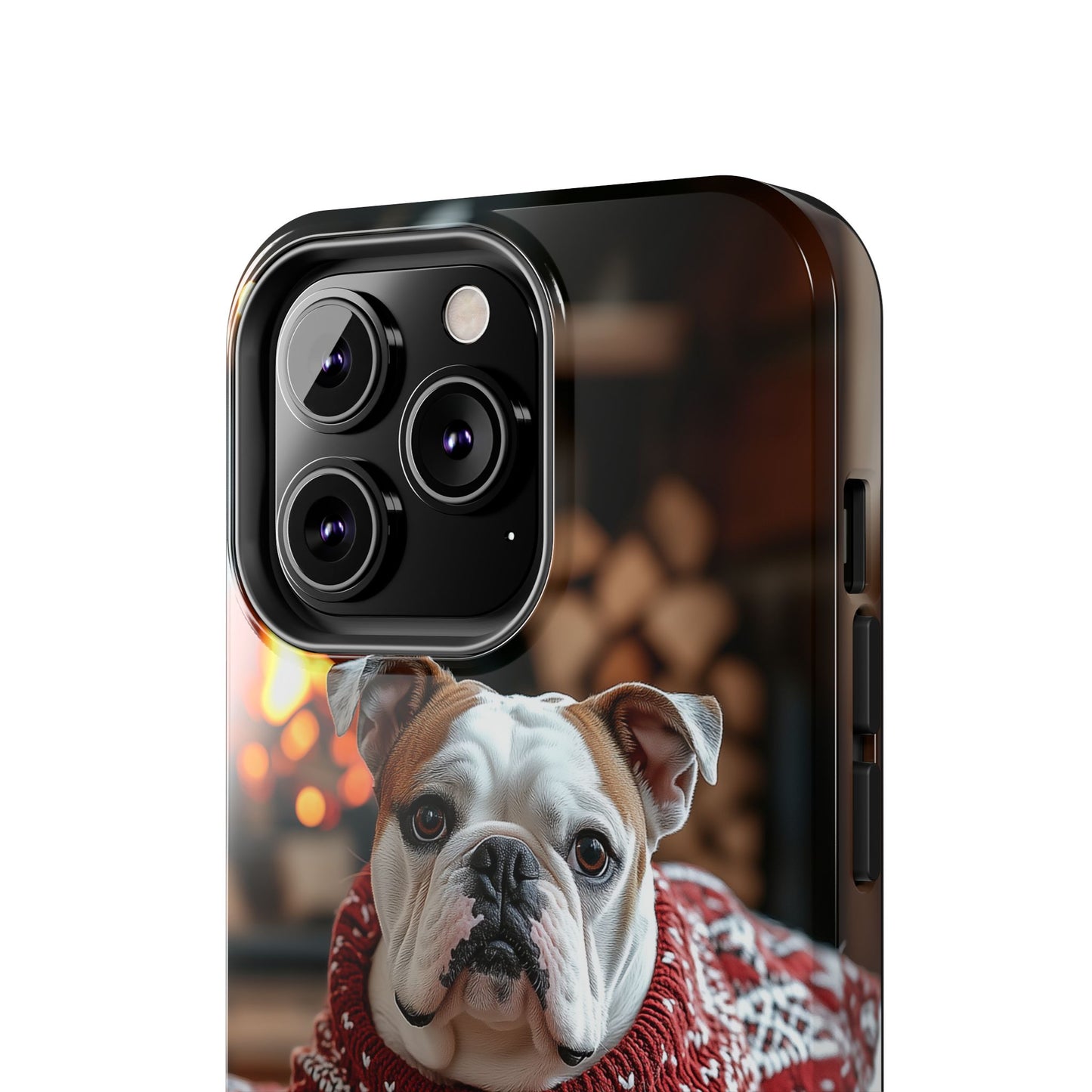 Cozy Bulldog in Sweater iPhone Case – Festive Fireplace Protective Cover