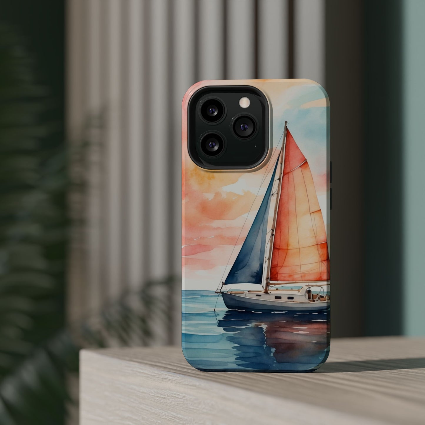 Sunset Sail MagSafe iPhone Case – Watercolor Sailboat and Sky Design