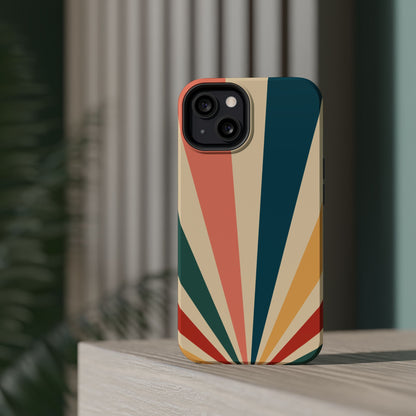 Retro Sunbeam MagSafe iPhone Case – 70s-Inspired Radiating Stripes in Coral, Teal, and Mustard