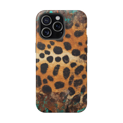 Rustic Leopard Print Tough MagSafe iPhone Case – Distressed Turquoise and Animal Pattern with Dual-Layer Protection