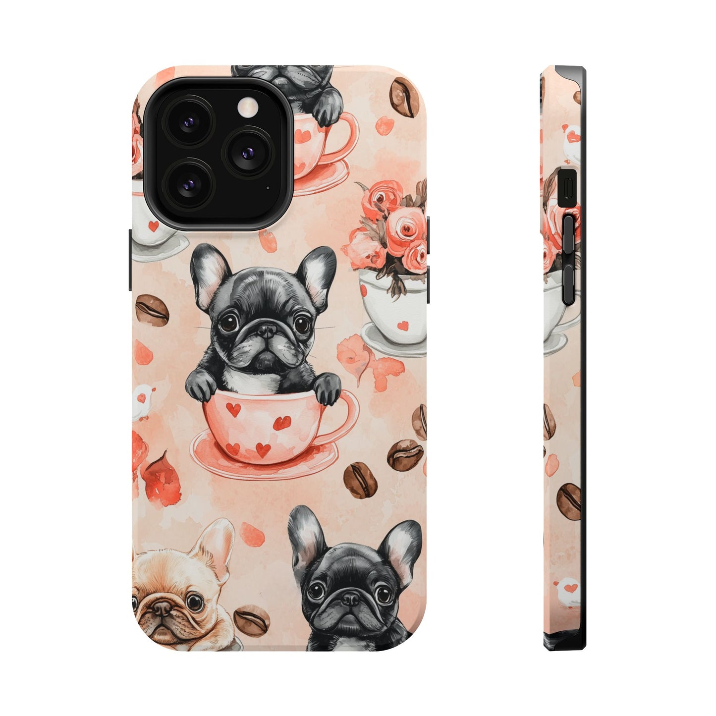 French Bulldogs in Heart Teacups MagSafe iPhone Case – Cute Dog & Floral Design, Shockproof Protection