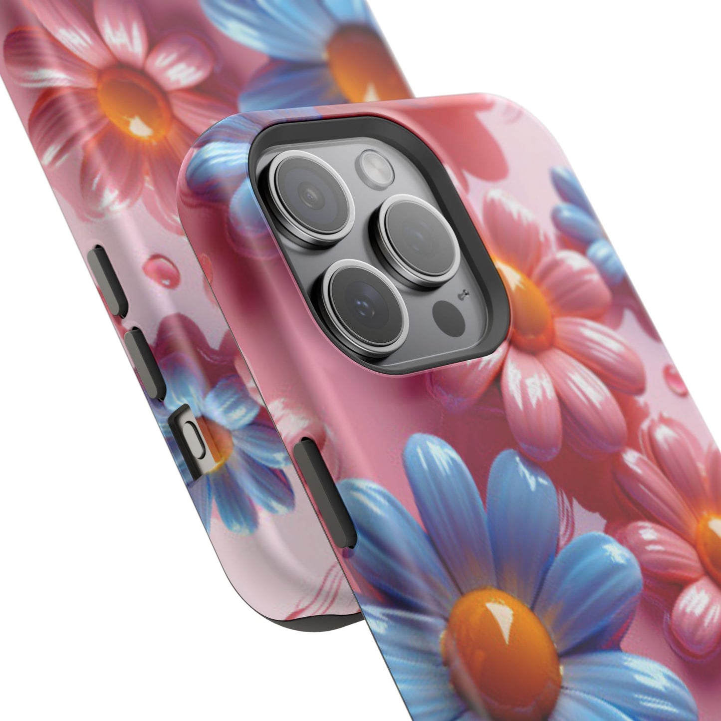 Pastel Daisy 3D MagSafe iPhone Case – Glossy Pink and Blue Floral Design, Full Protection