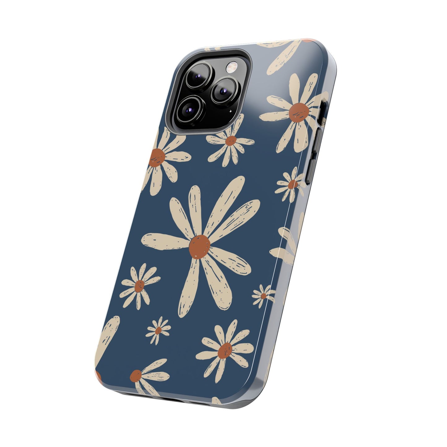 Vintage Daisies iPhone Case – Navy Blue Floral Design, Scratch - Resistant with Shock - Absorbing Bumper - BOGO Cases