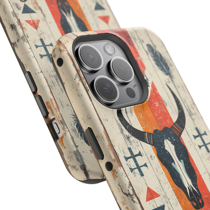 Rustic Western Bull Skull Tough MagSafe iPhone Case – Distressed Wood Design, Dual-Layer Protection