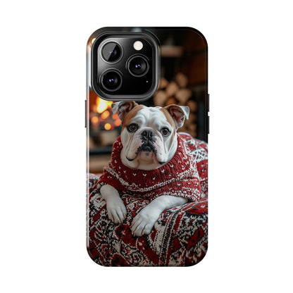 Cozy Bulldog in Sweater iPhone Case – Festive Fireplace Protective Cover