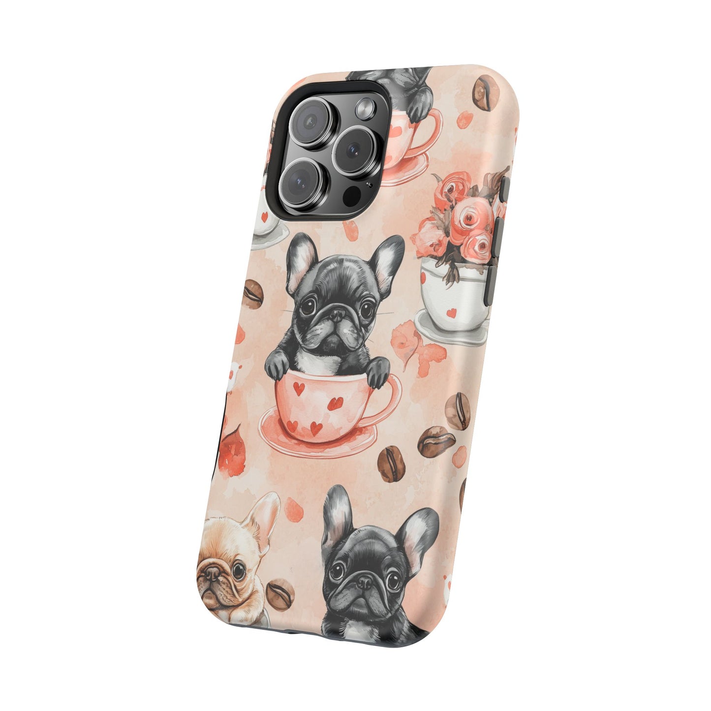 French Bulldogs in Heart Teacups MagSafe iPhone Case – Cute Dog & Floral Design, Shockproof Protection