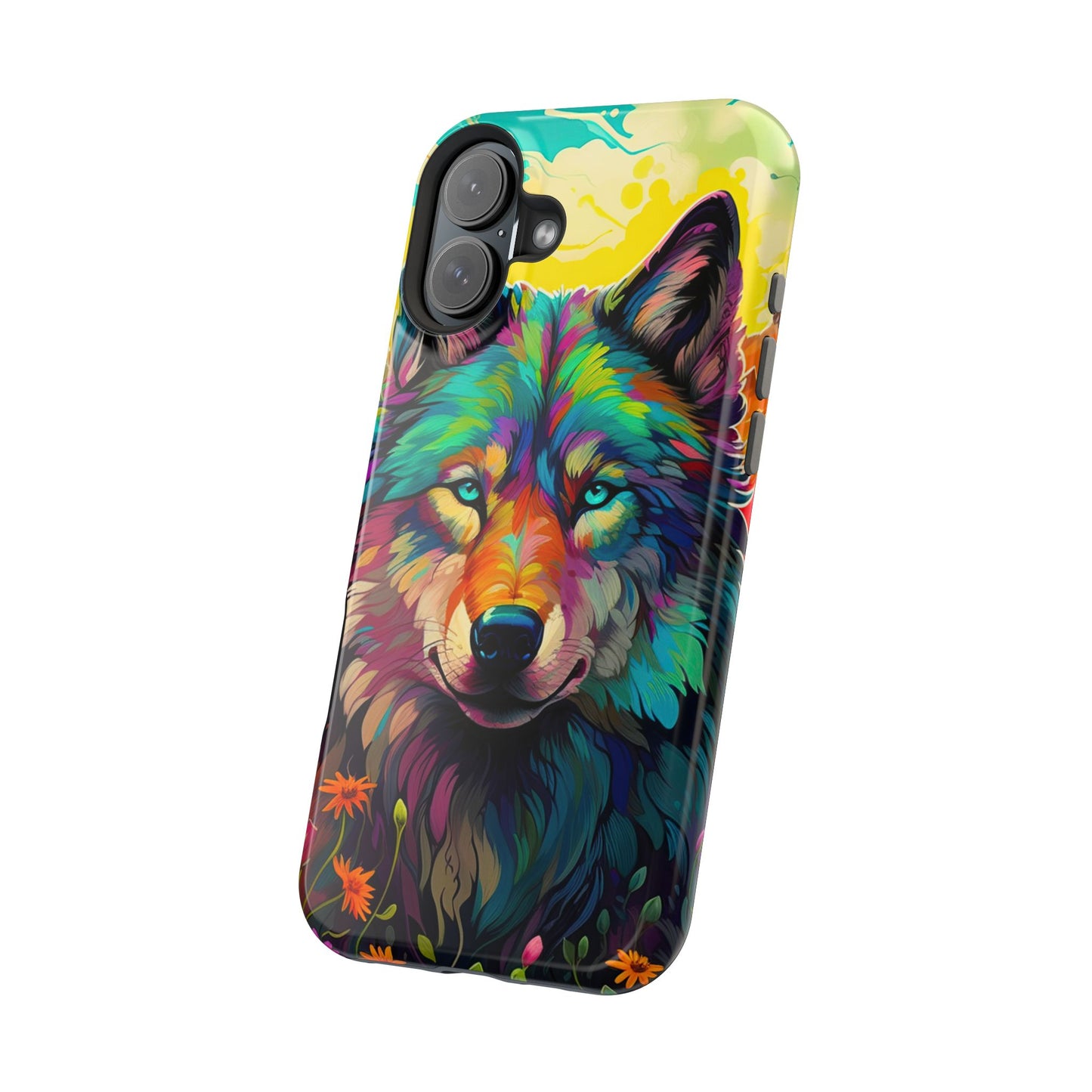 Rainbow Wolf in Bloom – MagSafe iPhone Case with Nature-Inspired Design