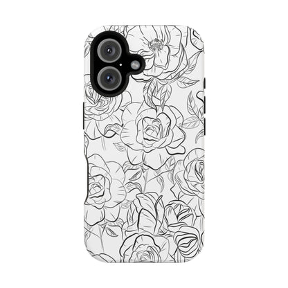 Monochrome Rose Garden Tough MagSafe iPhone Case – Elegant Floral Line Art with Dual-Layer Protection