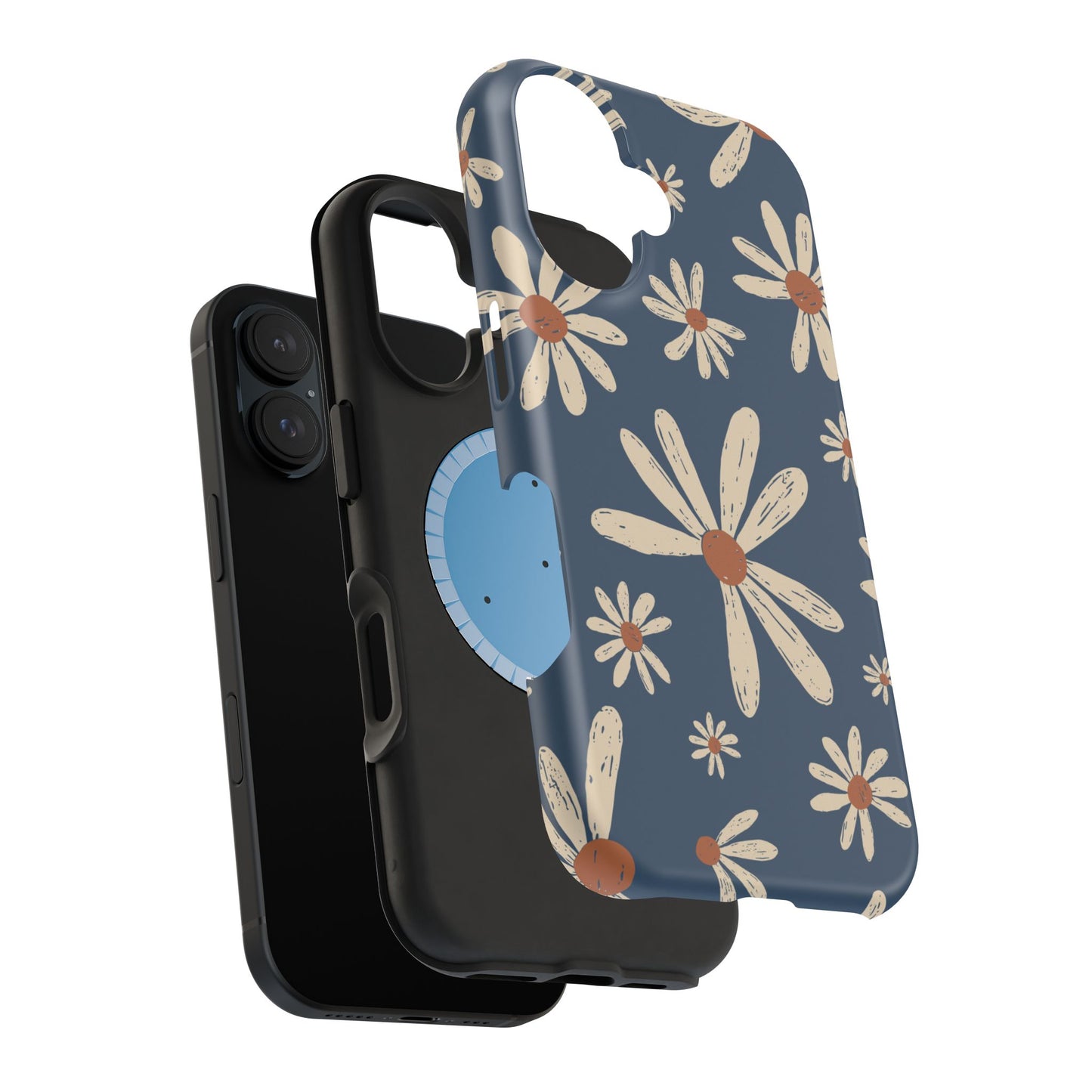 Vintage Daisies MagSafe iPhone Case – Navy Blue Floral Design, Scratch-Resistant with Shock-Absorbing Bumper