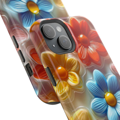 Glossy Retro Flower MagSafe iPhone Case – Colorful 3D Floral Design, Durable Protection