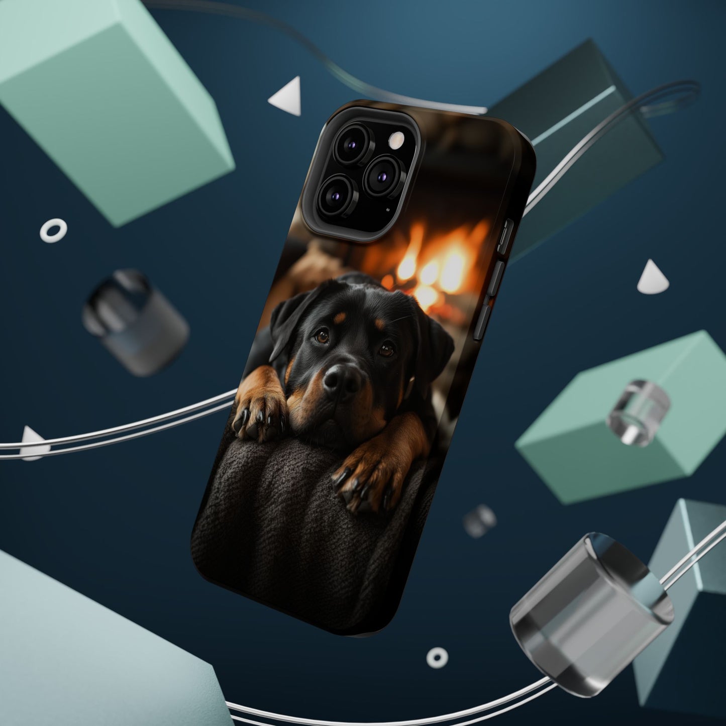 Cozy Rottweiler by the Fireplace MagSafe iPhone Case – Warm Rustic Design