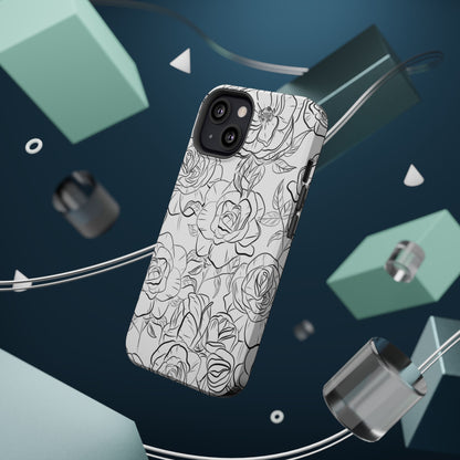 Monochrome Rose Garden Tough MagSafe iPhone Case – Elegant Floral Line Art with Dual-Layer Protection