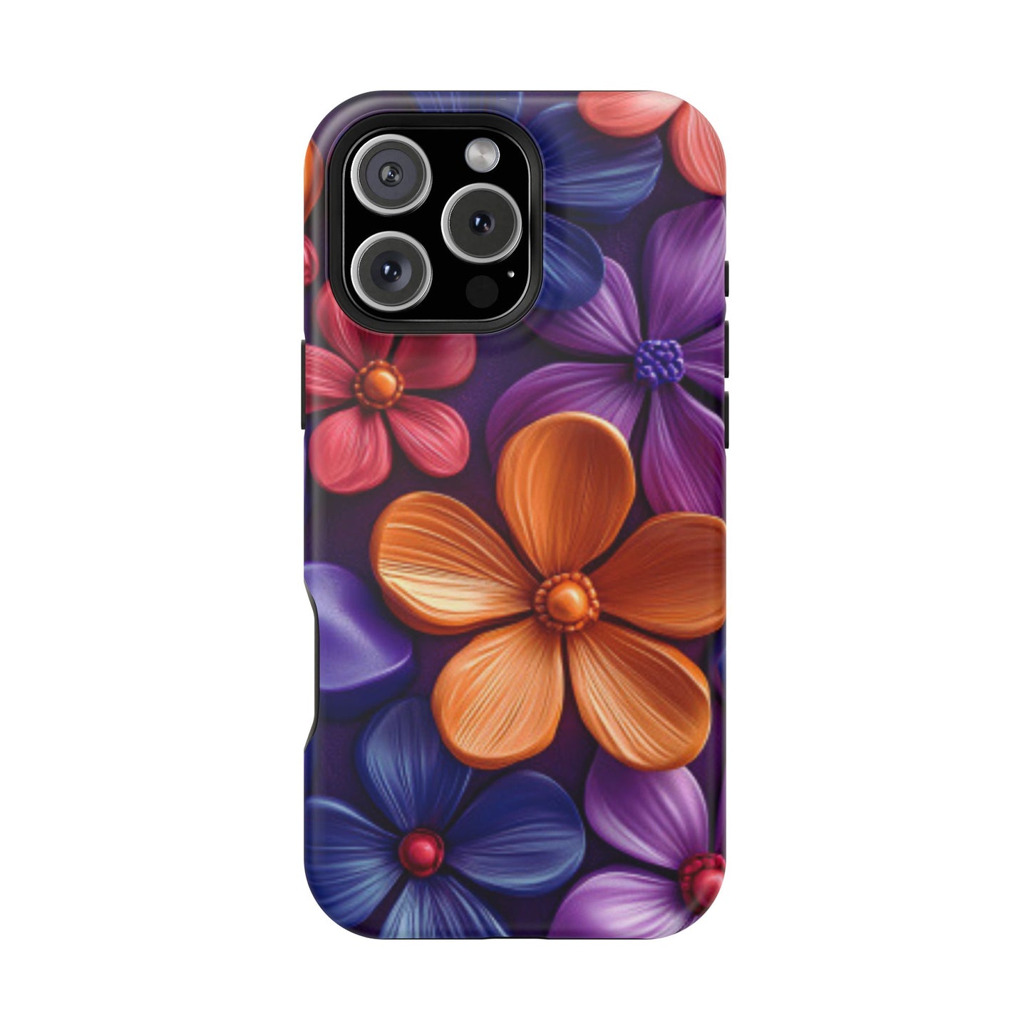 Bold Floral 3D MagSafe iPhone Case – Vivid Purple and Orange Flower Design, Shock-Resistant