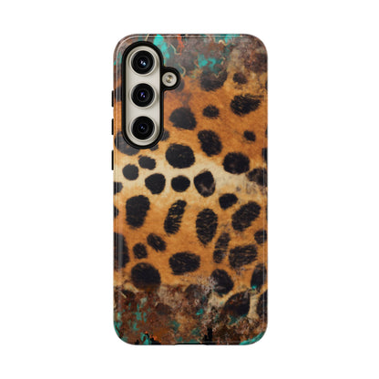 Rustic Leopard Print Tough Samsung Galaxy Case – Distressed Turquoise and Animal Pattern with Dual-Layer Protection