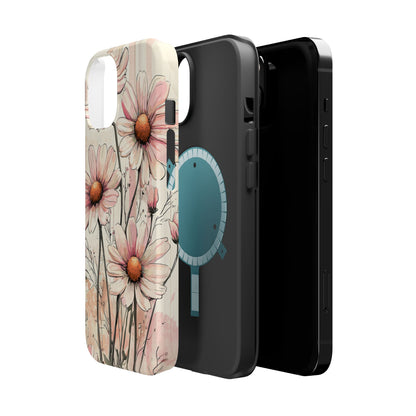 Pastel Pink Daisy MagSafe iPhone Case - Elegant Floral Plaid Protective Cover