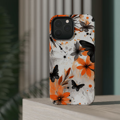 Orange Blossom & Black Butterfly MagSafe iPhone Case – Bold Floral Pattern with Modern Abstract Style