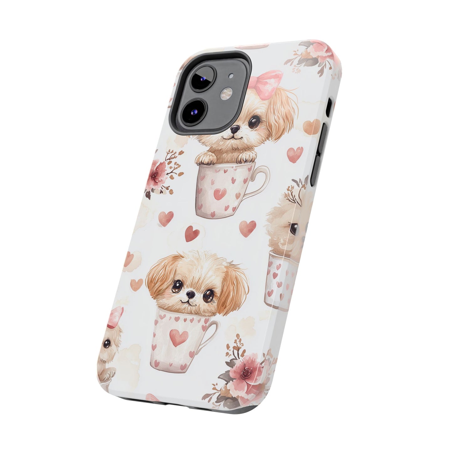 Cute Puppies in Heart Mugs iPhone Case – Adorable Dog & Floral Design, Shockproof & Slim - BOGO Cases