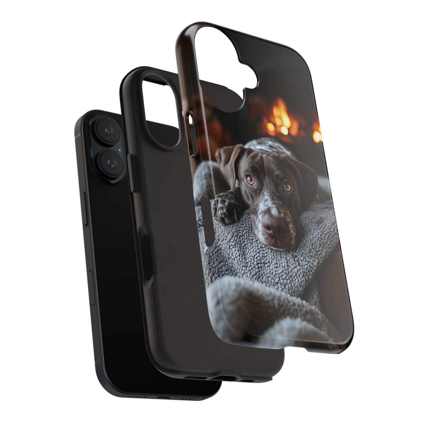 Cozy German Shorthaired Pointer iPhone Case – Rustic Fireplace Protective Cover