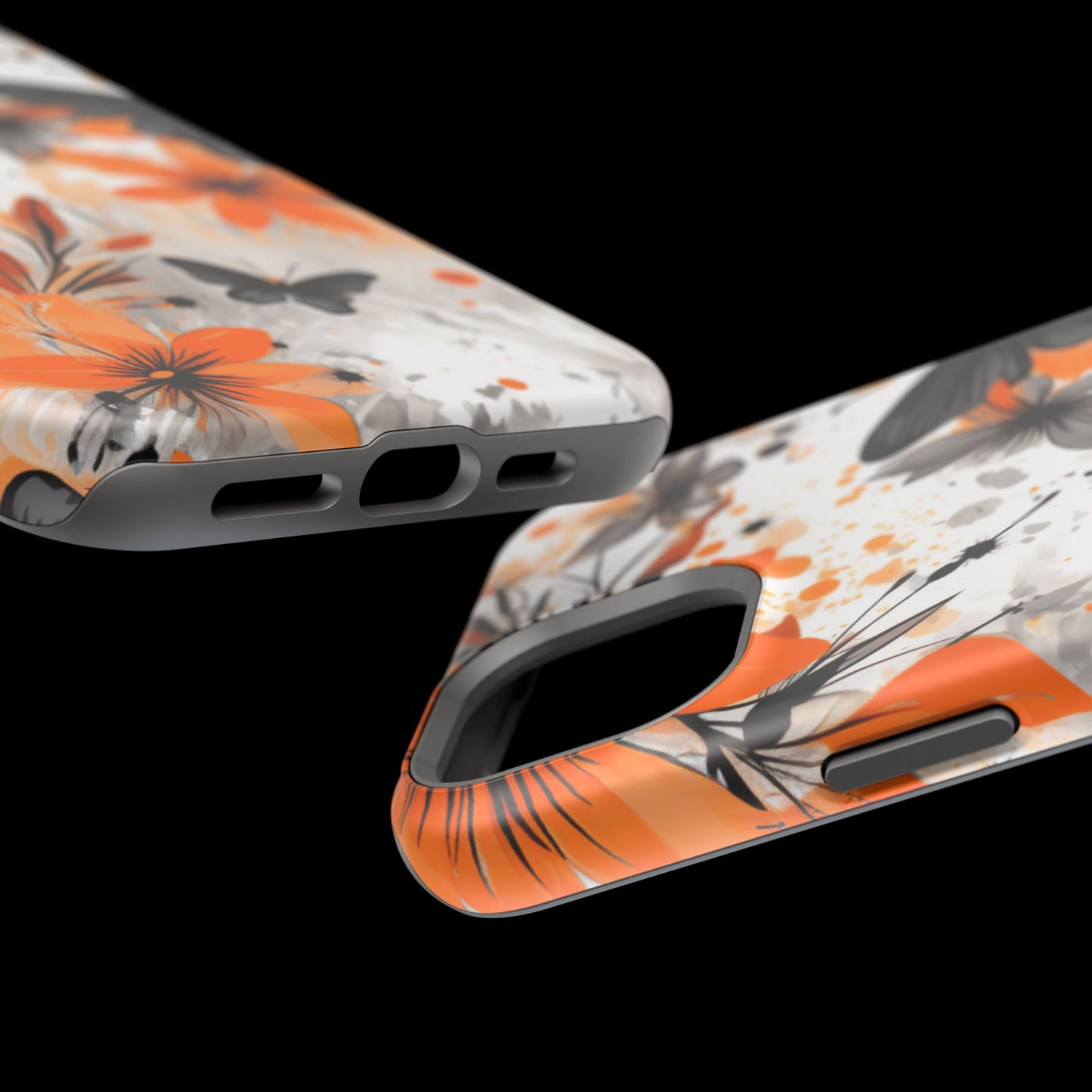 Orange Blossom & Black Butterfly MagSafe iPhone Case – Bold Floral Pattern with Modern Abstract Style