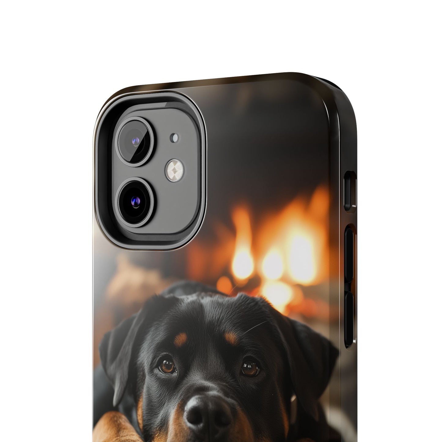 Cozy Rottweiler by the Fireplace iPhone Case – Warm Rustic Design