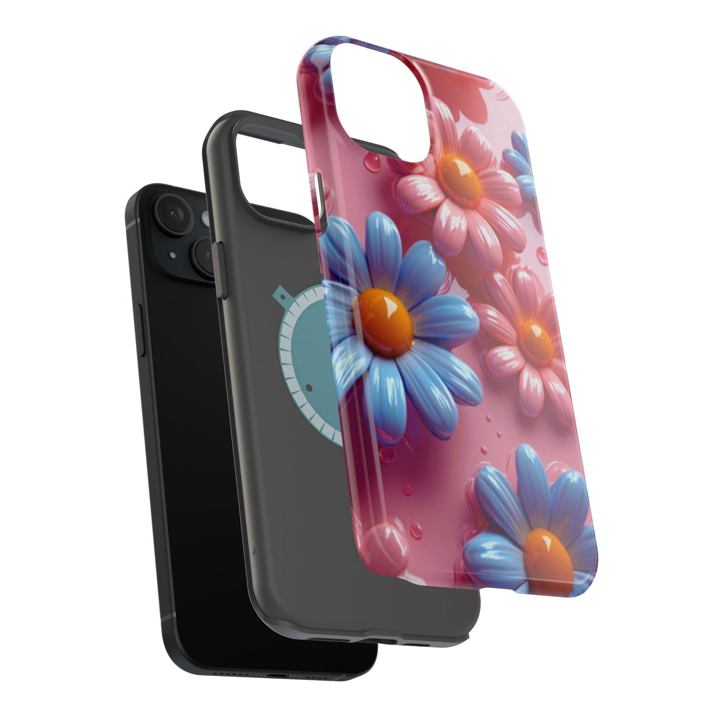 Pastel Daisy 3D MagSafe iPhone Case – Glossy Pink and Blue Floral Design, Full Protection