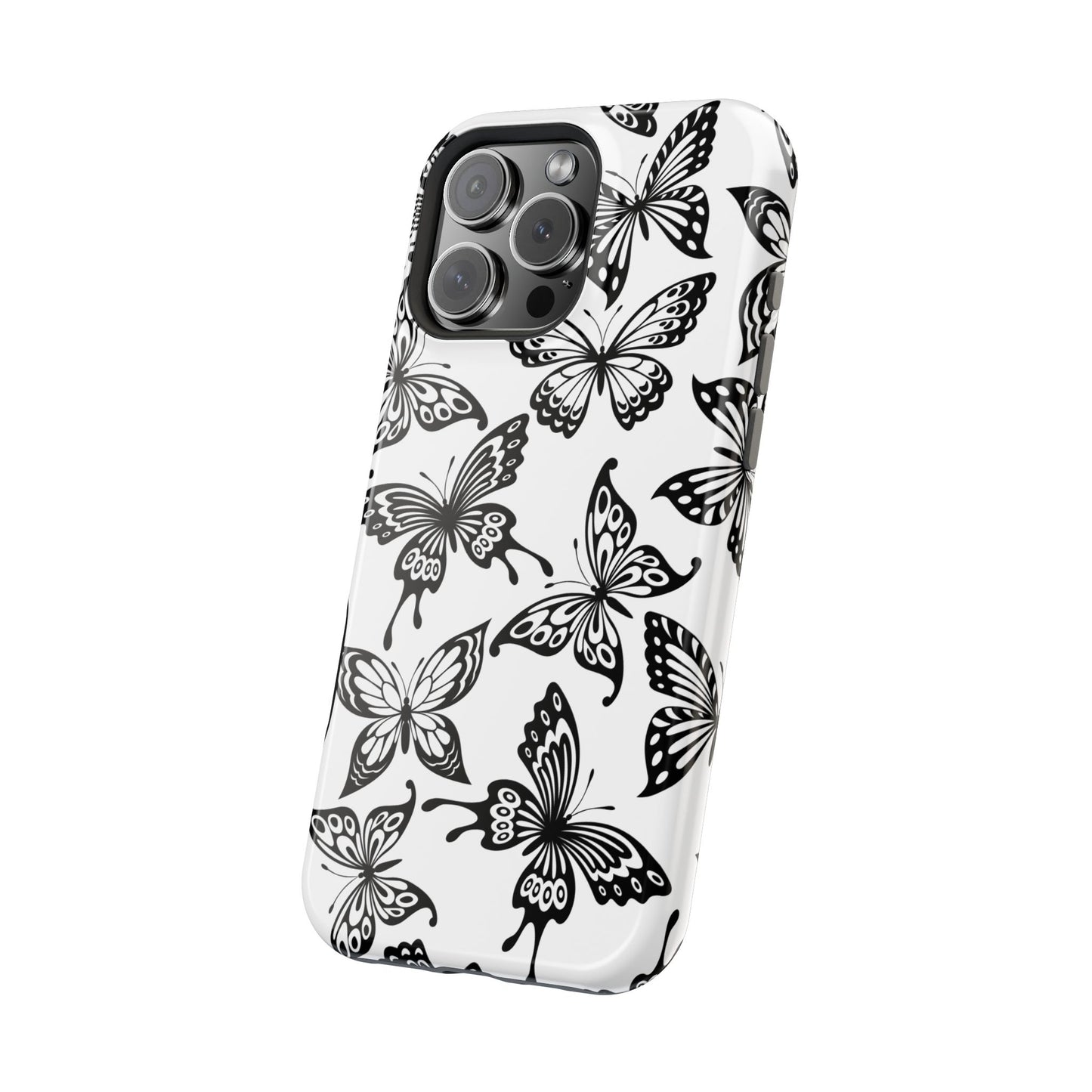 Monochrome Butterfly Pattern Tough MagSafe Case – Dual-Layer Protection with Matte Finish