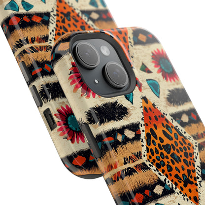 Wild Boho Leopard Print & Floral Tough MagSafe iPhone Case – Eclectic Tribal Design, Dual-Layer Protection