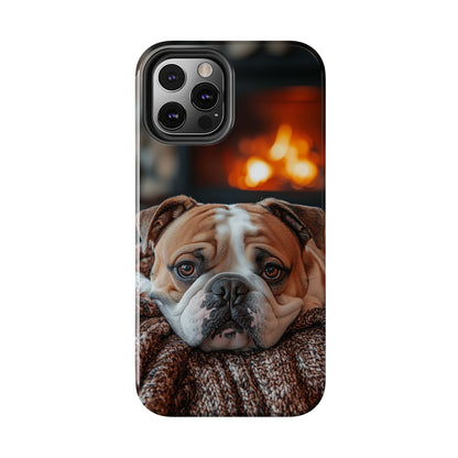 Cozy Bulldog iPhone Case – Fireside-Inspired Protective Cover Description: