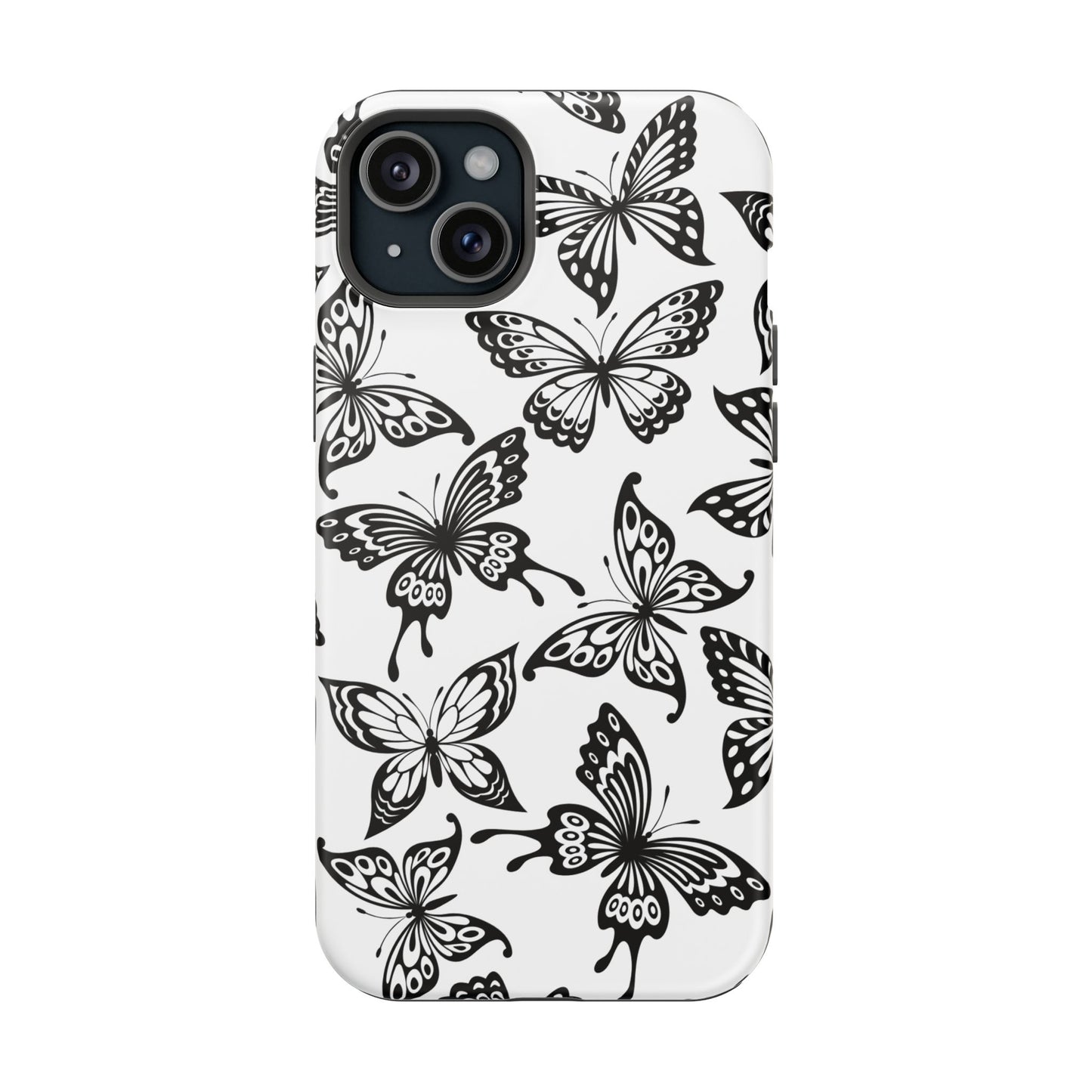 Monochrome Butterfly Pattern Tough MagSafe Case – Dual-Layer Protection with Matte Finish