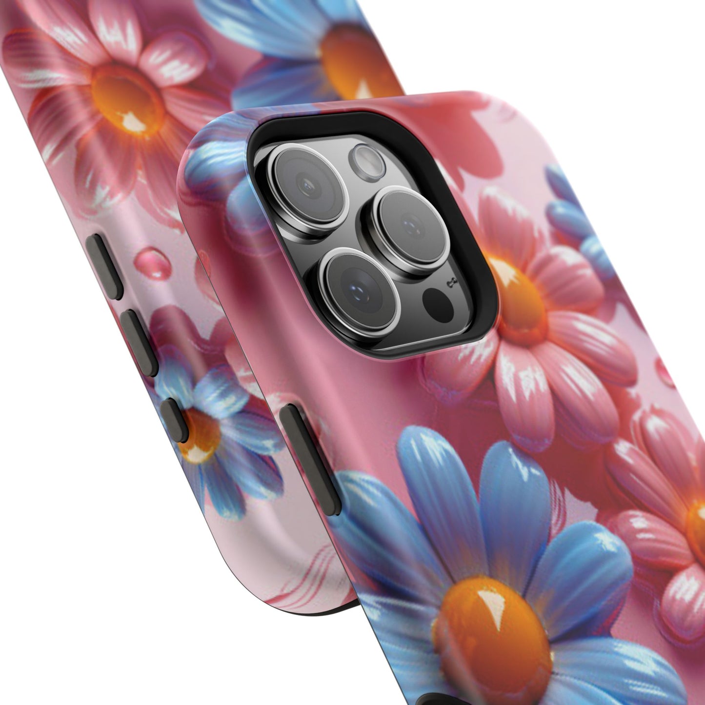 Pastel Daisy 3D MagSafe iPhone Case – Glossy Pink and Blue Floral Design, Full Protection