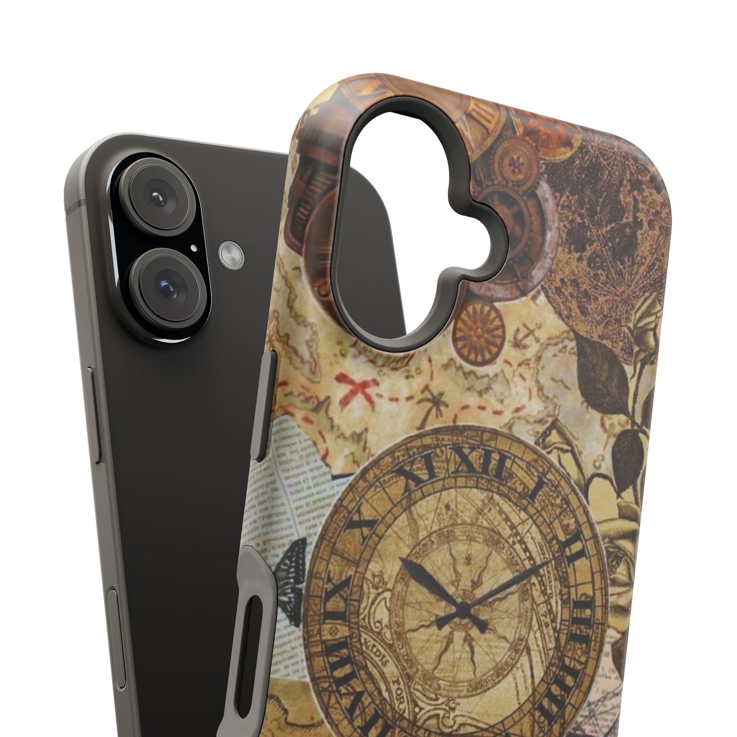 Steampunk Vintage Adventure MagSafe iPhone Case – Dual-Layer Protection with Antique Map and Clock Design