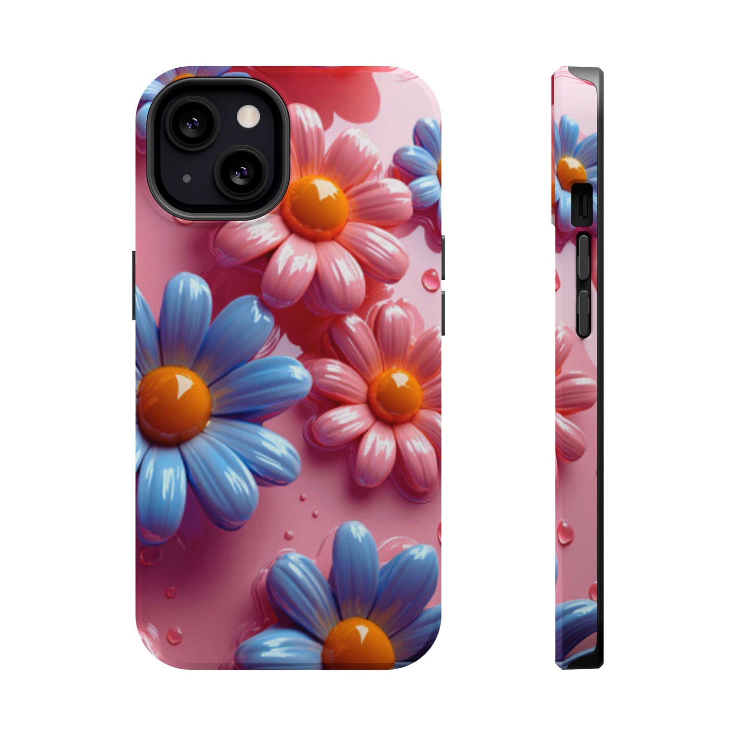 Pastel Daisy 3D MagSafe iPhone Case – Glossy Pink and Blue Floral Design, Full Protection