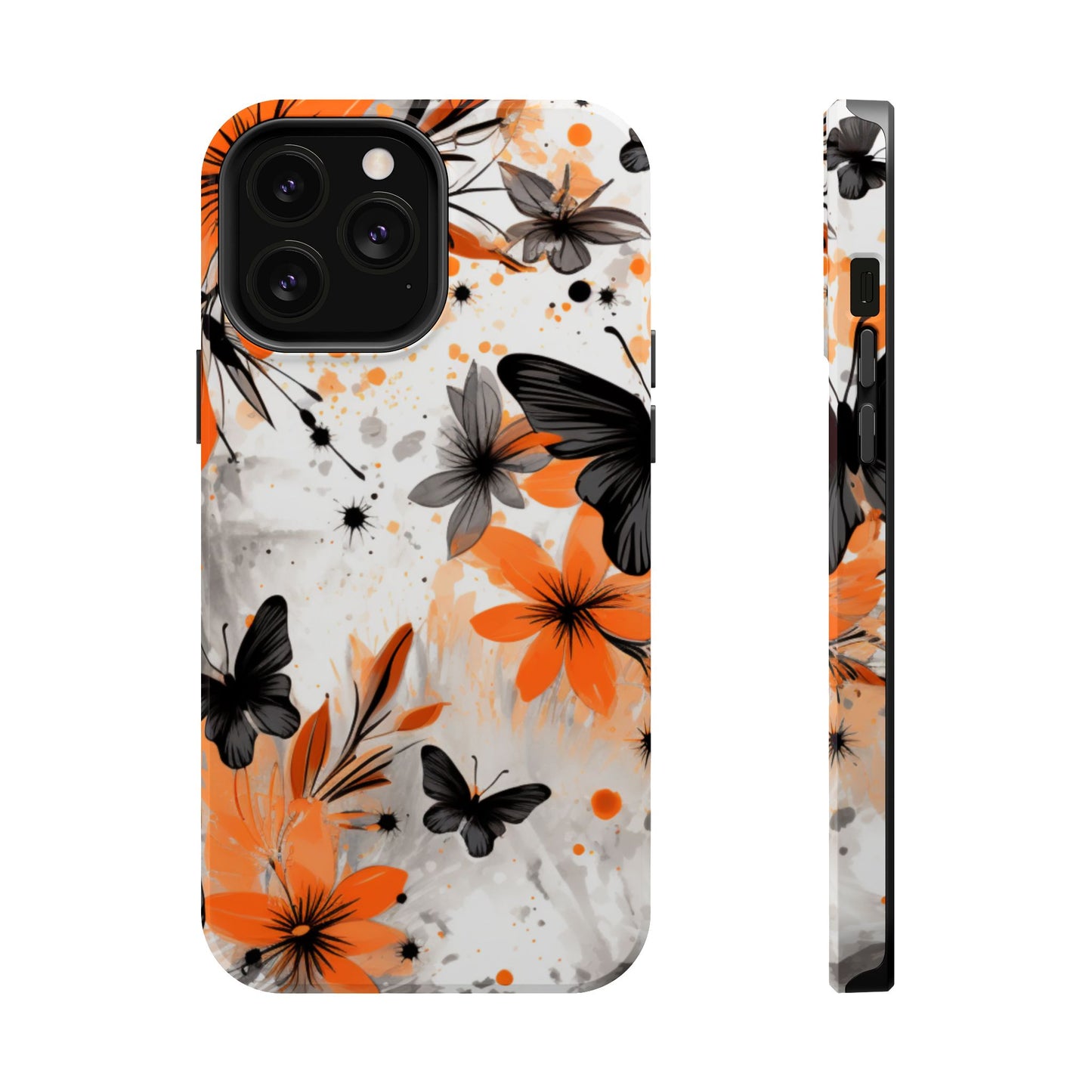 Orange Blossom & Black Butterfly MagSafe iPhone Case – Bold Floral Pattern with Modern Abstract Style