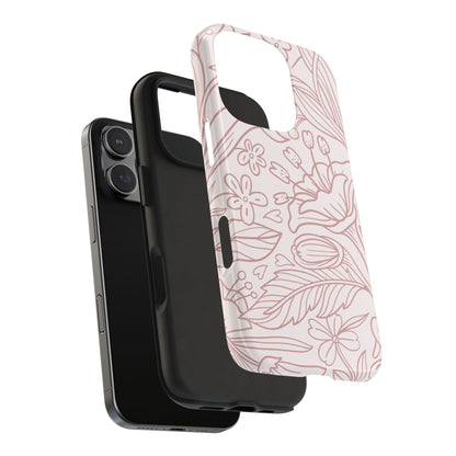 Blush Floral Line Art Tough iPhone Case – Delicate Minimalist Design with Dual-Layer Protection