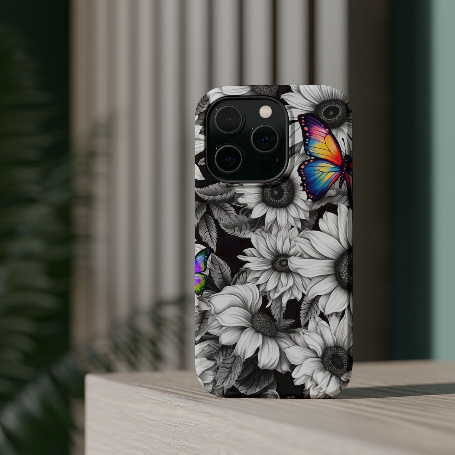 Rainbow Butterflies & Monochrome Sunflowers – MagSafe iPhone Case