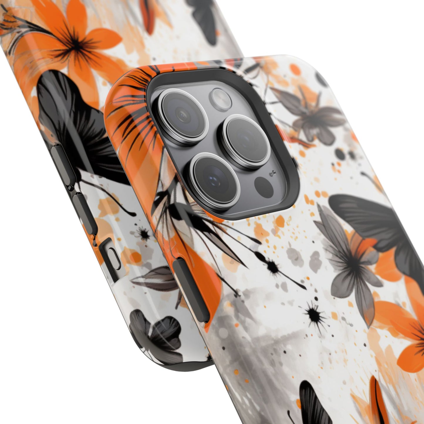 Orange Blossom & Black Butterfly MagSafe iPhone Case – Bold Floral Pattern with Modern Abstract Style