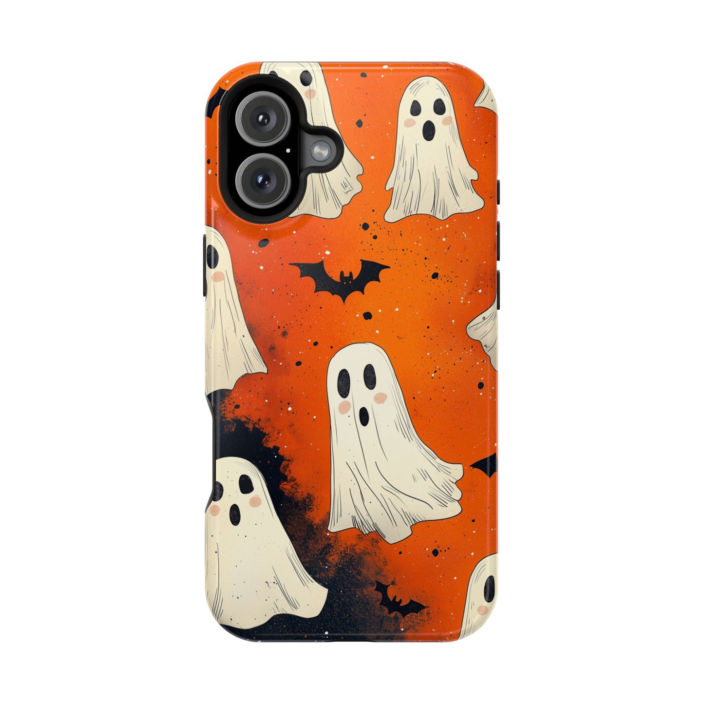 Spooky Ghosts & Bats  MagSafe iPhone Case – Vibrant Orange Halloween Design