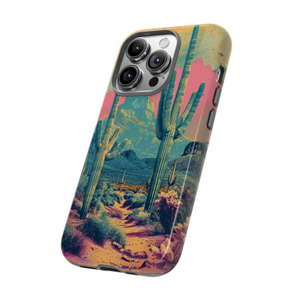 Desert Oasis Retro Cactus Phone Case - Vibrant Sunset Landscape for iPhone 15/14/13/12, Samsung S24/S23/S22/S21, & Google Pixel