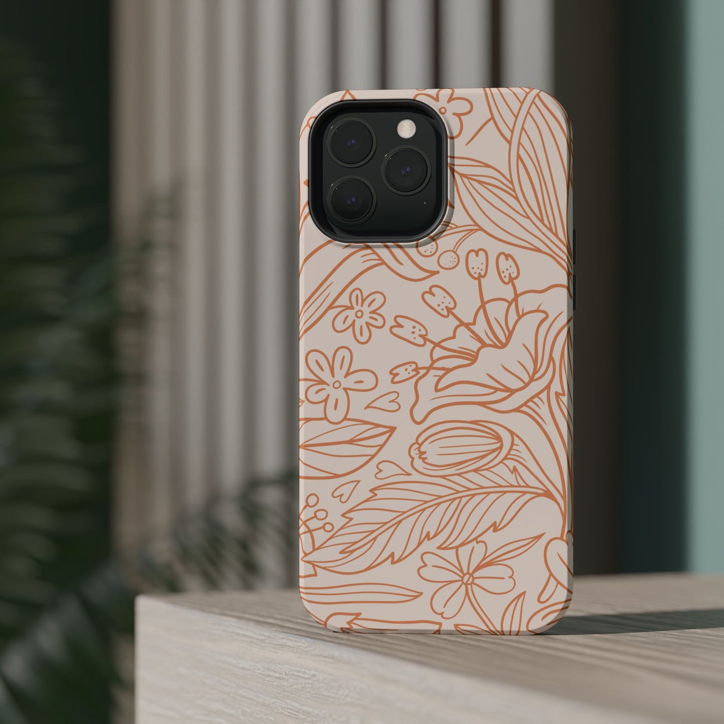 Soft Terracotta Floral Line Art Tough MagSafe iPhone Case – Minimalist Botanical Design with Dual-Layer Protection