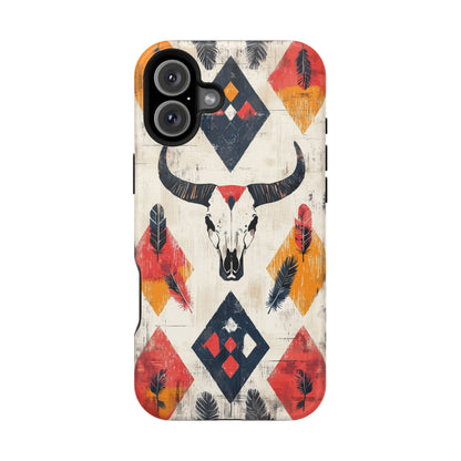 Western Bull Skull & Feathers Tough Mag Safe iPhone Case – Bold Tribal Design, Dual-Layer Protection