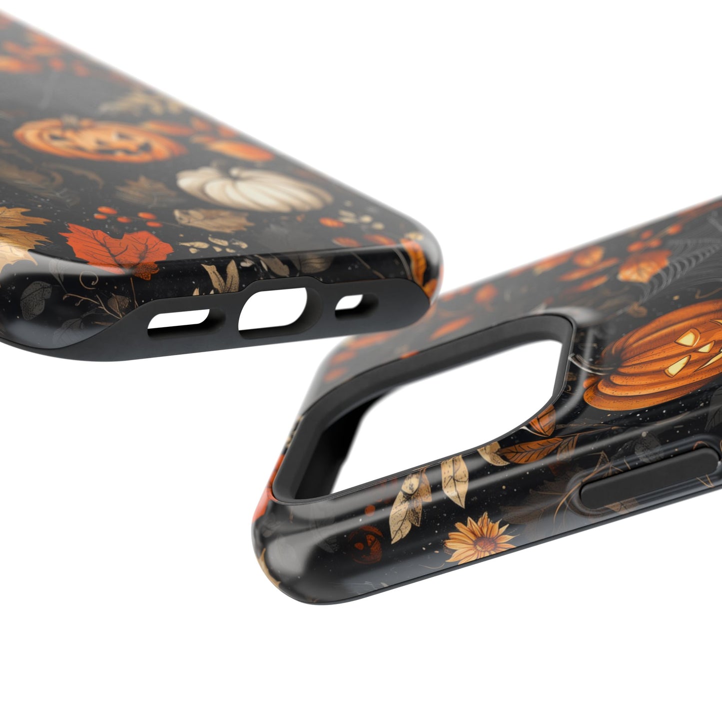 Elegant Halloween MagSafe iPhone Case – Pumpkin Jack-o'-Lanterns, Cobwebs & Autumn Foliage Design