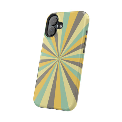 Vintage Sunburst Rays MagSafe iPhone Case – Bold 70s-Inspired Burst in Yellow, Mint, and Gray