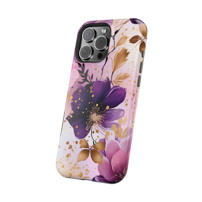 Elegant Purple & Gold Floral MagSafe iPhone Case - Luxe Flower Design