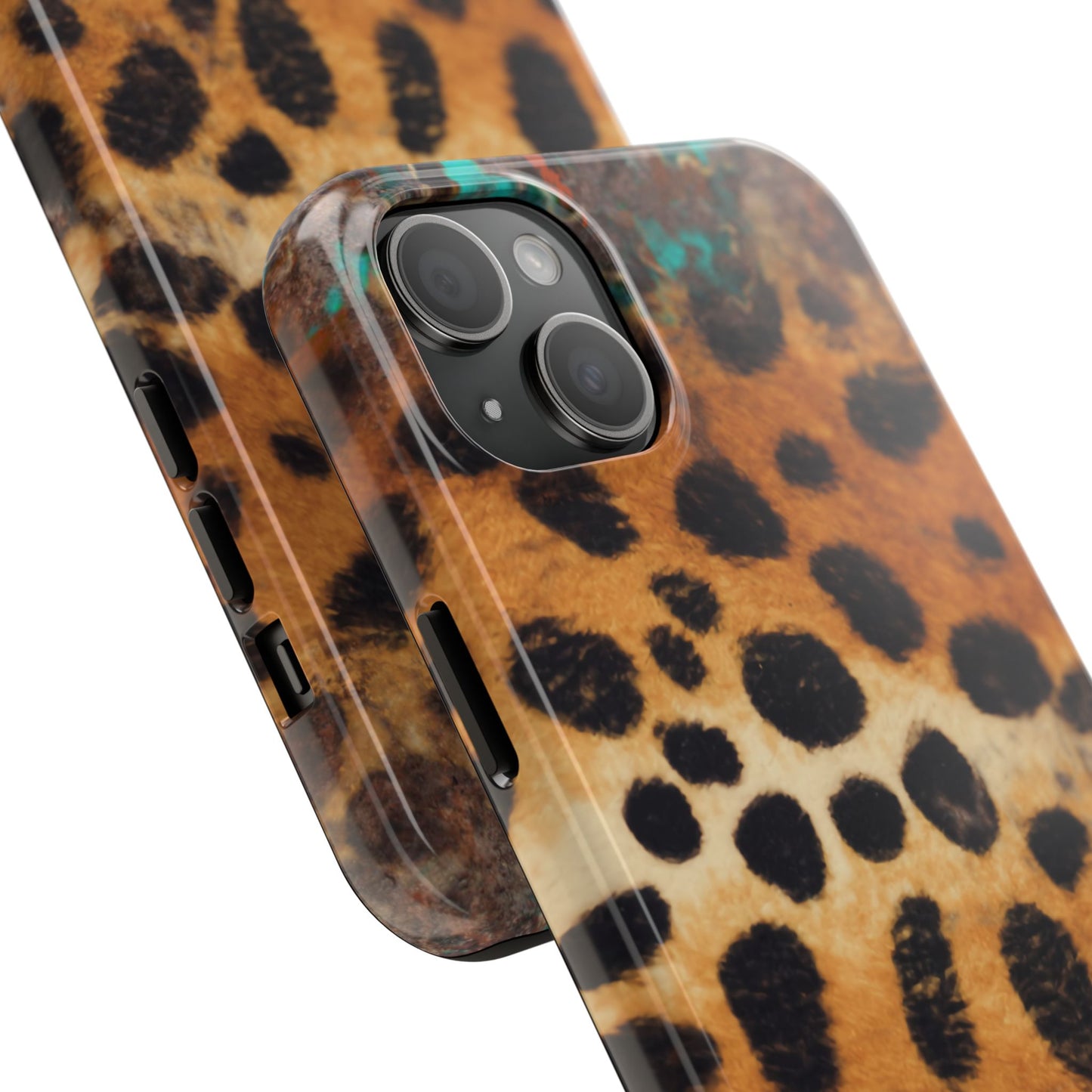 Rustic Leopard Print Tough iPhone Case – Distressed Turquoise and Animal Pattern with Dual-Layer Protection