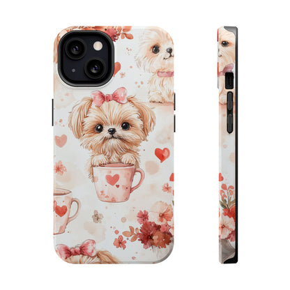 Puppies & Heart Mugs MagSafe iPhone Case – Sweet Dog & Floral Design, Shockproof & Slim