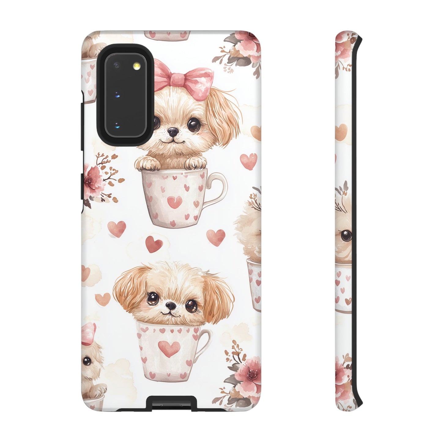 Cute Puppies in Heart Mugs Samsung Galaxy  Case – Adorable Dog & Floral Design, Shockproof & Slim