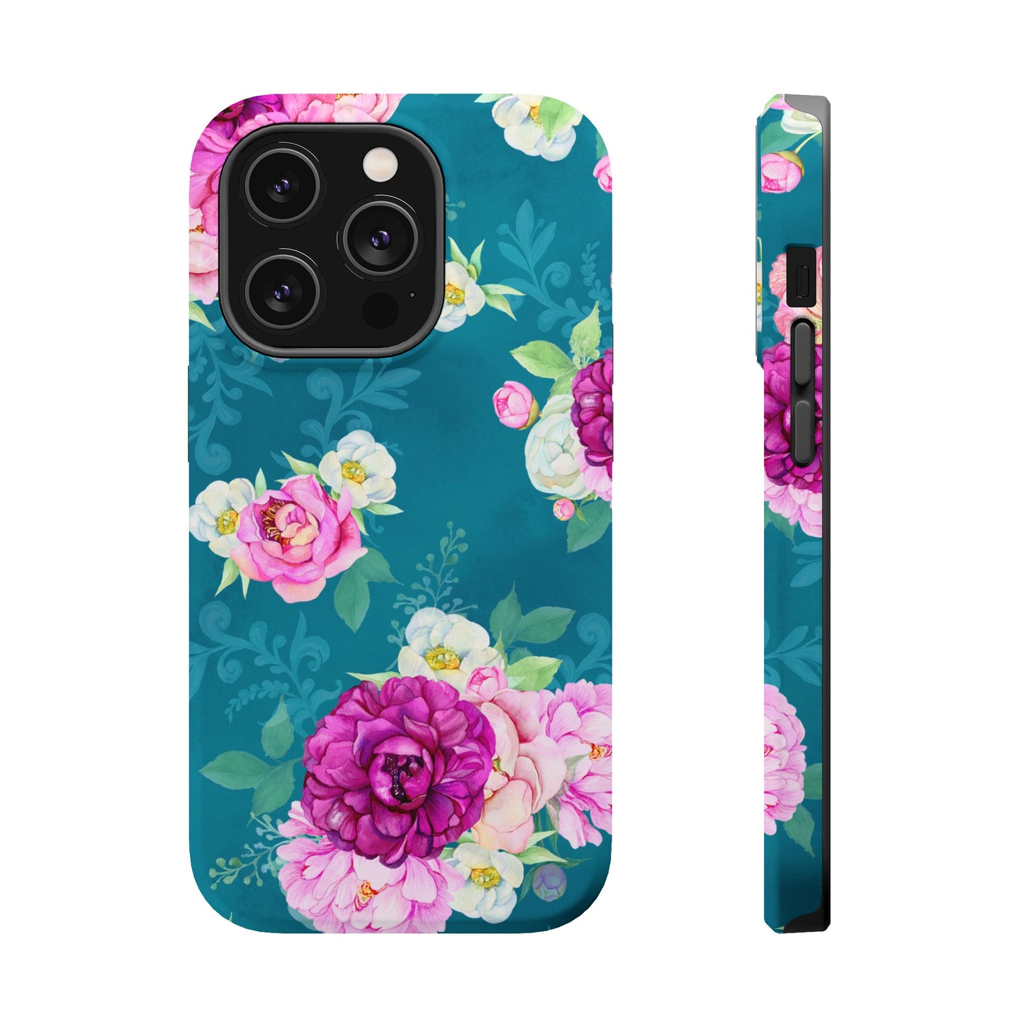 Elegant Peony Bouquet MagSafe iPhone Case – Deep Teal Background with Romantic Floral Design